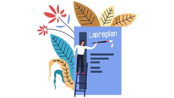 Illustrasjon av en lærer som med pensel skriver "Læreplan" på et stort ark