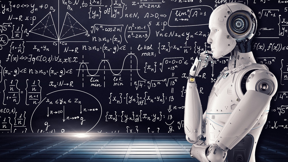 Animated picture of robot in front of blackboard displaying mathematic calculations.