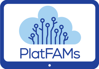 Blue and white logo showing a tablet interface with a cloud and what might be people or trees within it. It says "platfams".