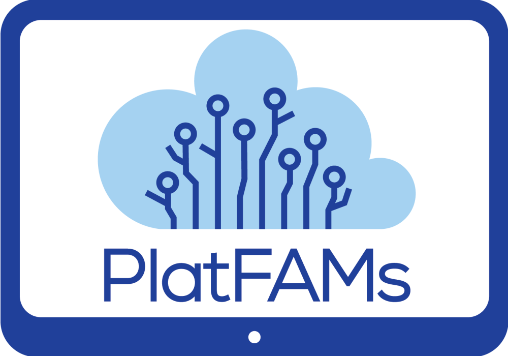 Blue and white logo showing a tablet interface with a cloud and what might be people or trees within it. It says "platfams".