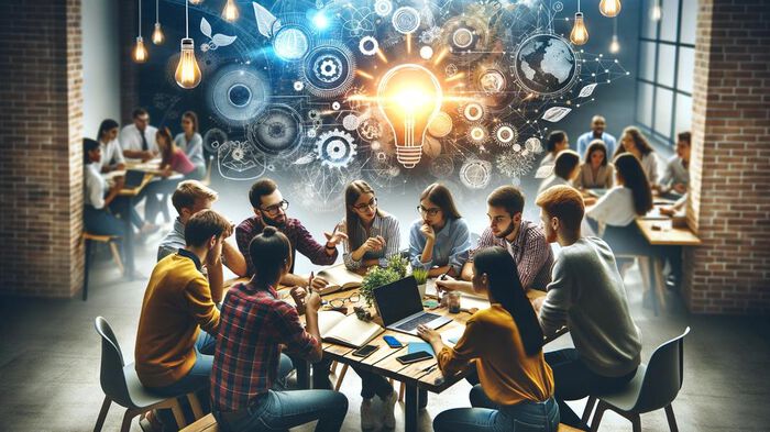 A diverse group of students is engaged in a collaborative brainstorming session around a communal table, surrounded by virtual symbols of innovation and technology that float in the airy, well-lit space of a modern workshop.