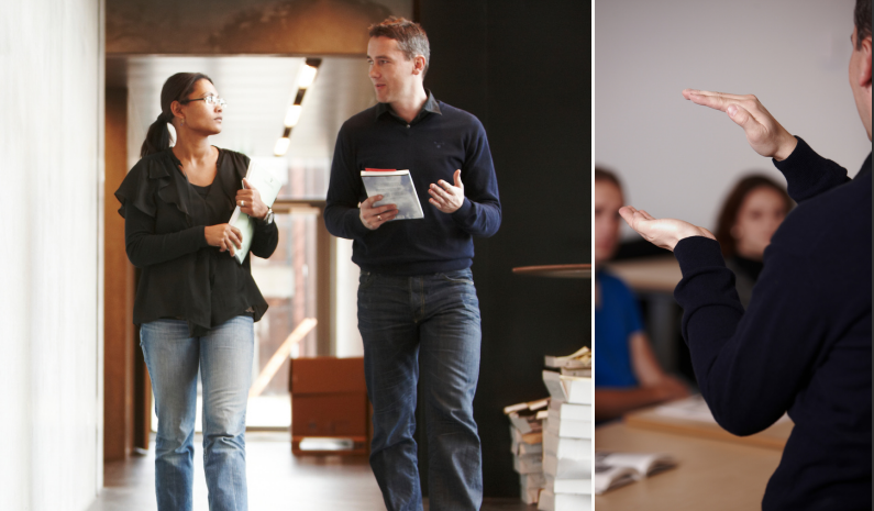 A picture showing teachers talking to each other and teaching in the classroom