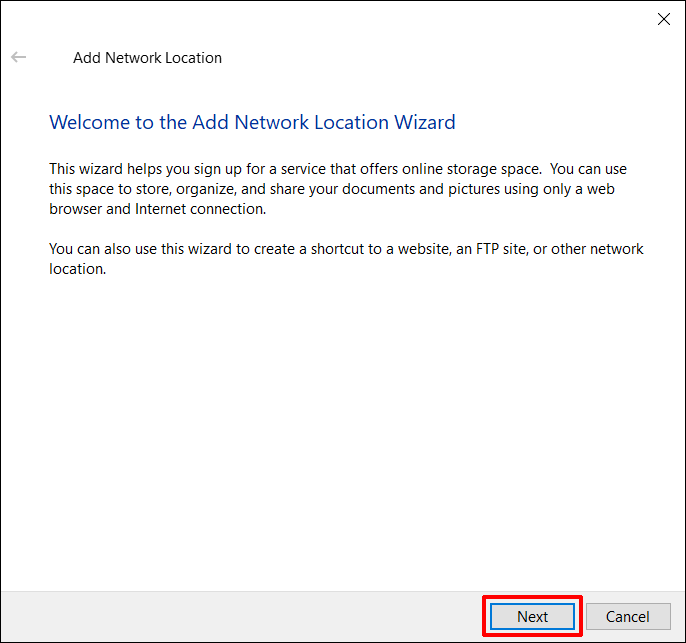 Illustrasjon (Welcome to the Add Network Location Wizard).