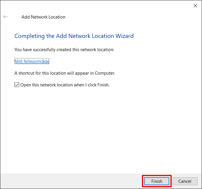 Illustrasjon (Completing the AddNetwork Location Wizard).