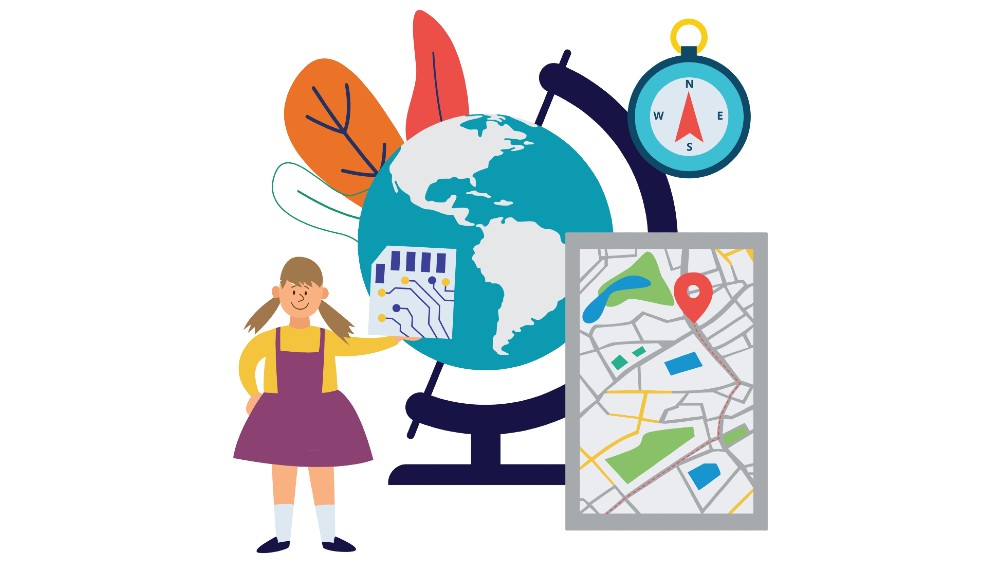 Illustrasjon av et kart, et kompass, en globus og en elev 