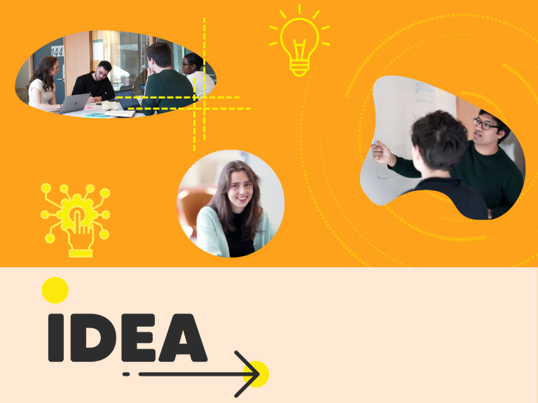 IDEA forsidebanner oransje med ikoner og bilder av studenter.