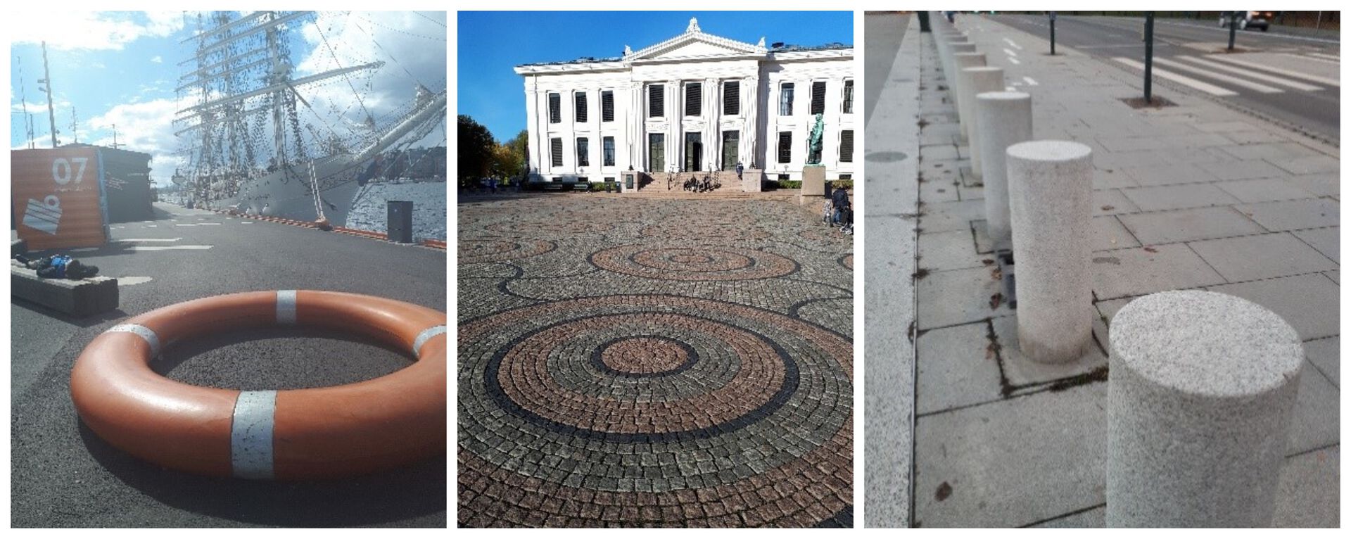 Bilde av livbøye på Havnepromenaden i Oslo, sirkler på brosteinen på universitetsplassen i Oslo og betongsylindre på Karl Johans gate