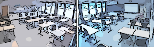 Bilde av to klasserom uten elever, gjennom et filter