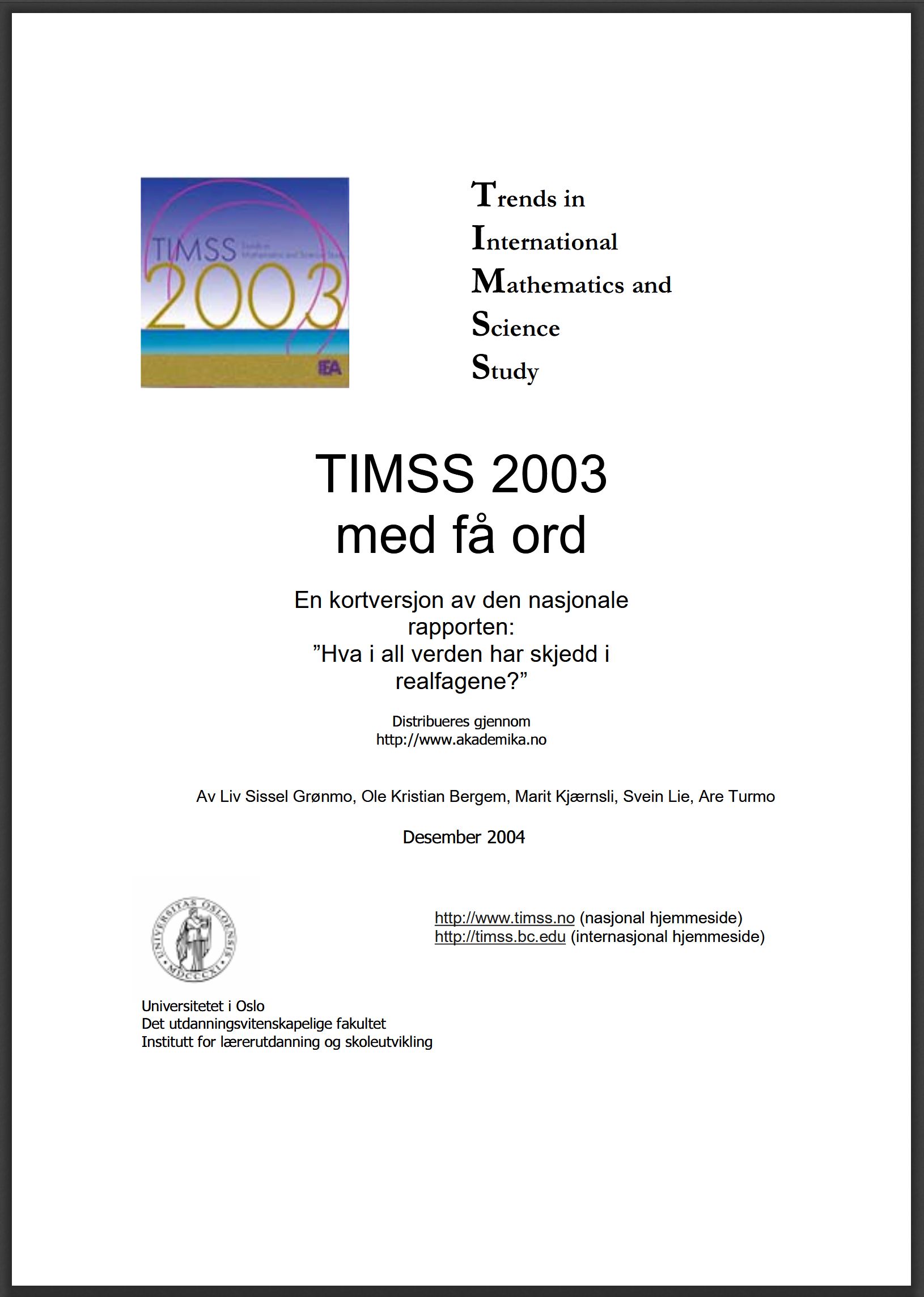Forside for kortrapporten fra TIMSS 2003 (distribuert gjennom Akademika.no)