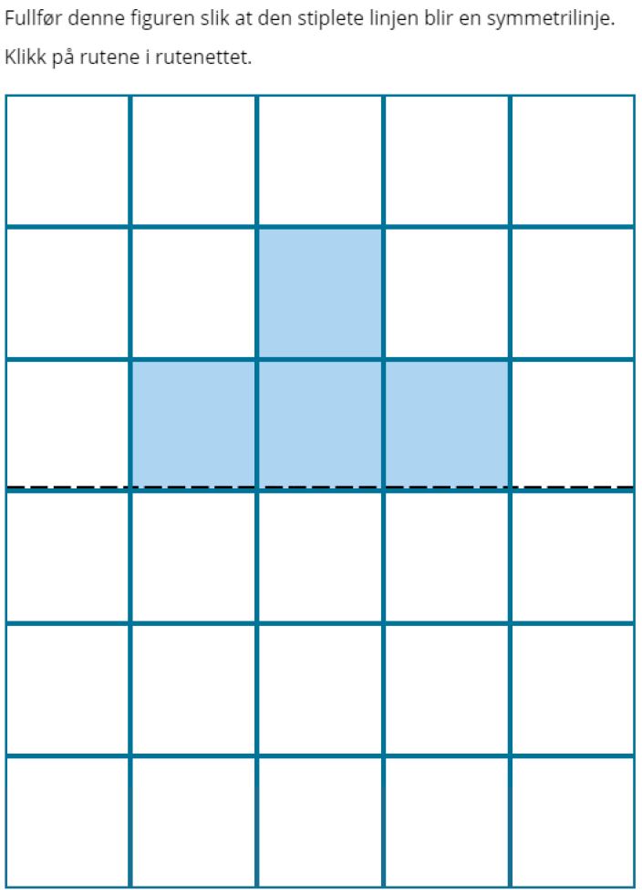 Figuren viser en eksempeloppgave på nivå "middels" i matematikk på barnetrinnet, der elevene ser et rutenett på 5X6 ruter med en vannrett stiplet symmetrilinje som deler rutenettet i to like store deler. Tre ruter er farget i øvre halvdel av rutenettet, og elevene skal fullføre figuren slik at det blir symmetri.