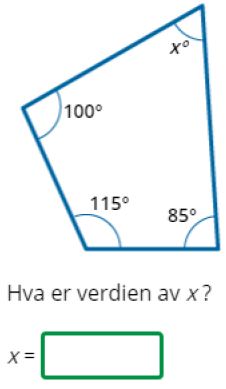 Figuren viser en eksempeloppgave på nivå "middels" i matematikk på ungdomstrinnet, der elevene ser en konveks firkant hvor tre vinkler er oppgitt til å være 100 grader, 115 grader og 85 grader. Elevene skal finne verdien av den siste vinkelen i firkanten.