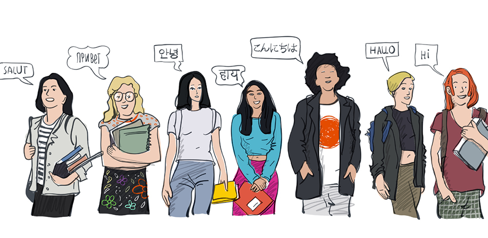 Illustrasjon av en rekke unge mennesker med tilhørende snakkebobler som viser ulike språk.