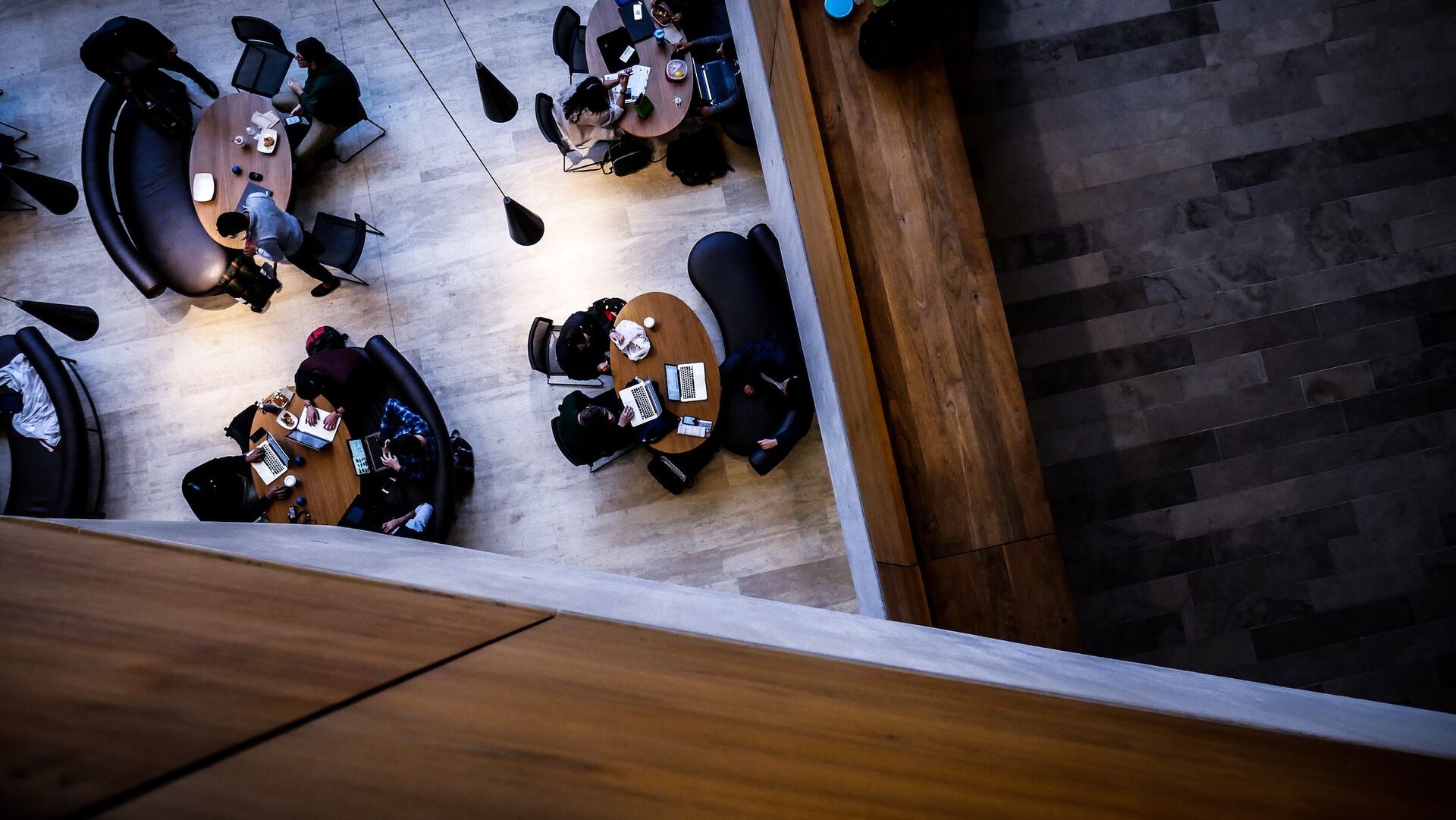 Bird's view of people sitting around tables. 