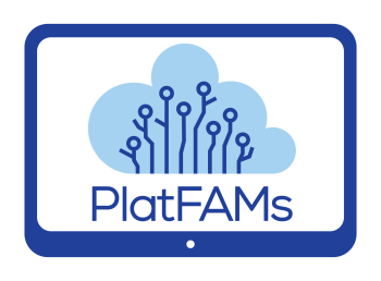 Blue and white logo showing a tablet interface with a cloud and what might be people or trees within it. It says "platfams".