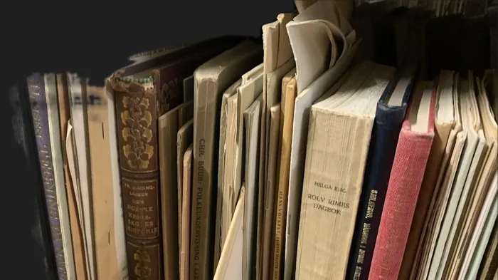 Gamle bøker i bokhylle. Pedagogiske titler.