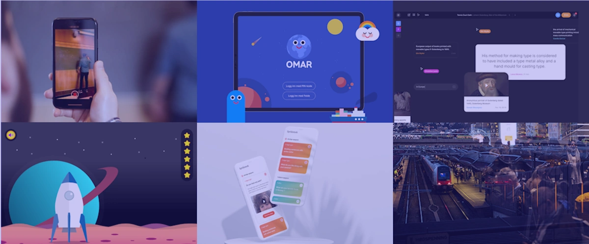 collage med bilder som viser noen av produktene engagelab har jobbet med, deriblant spill, apper og digitale samtaleverktøy