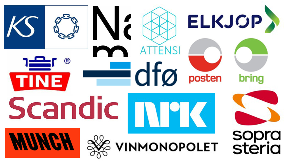 Et bilde fylt med logoer fra forskjellige bedrifter, inkludert Tine, Elkjøp, NRK, Sopra Steria, Scandic, Munch-museet og Vinmonopolet, blant flere andre. Logoene er variert i farger og design, og representerer et mangfold av aktører.