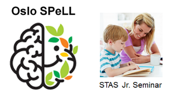 Oslo SPeLL logo og bilde av et barn som leser en bok. Barnet sitter ved siden av en voksen person som smiler og ser på boken