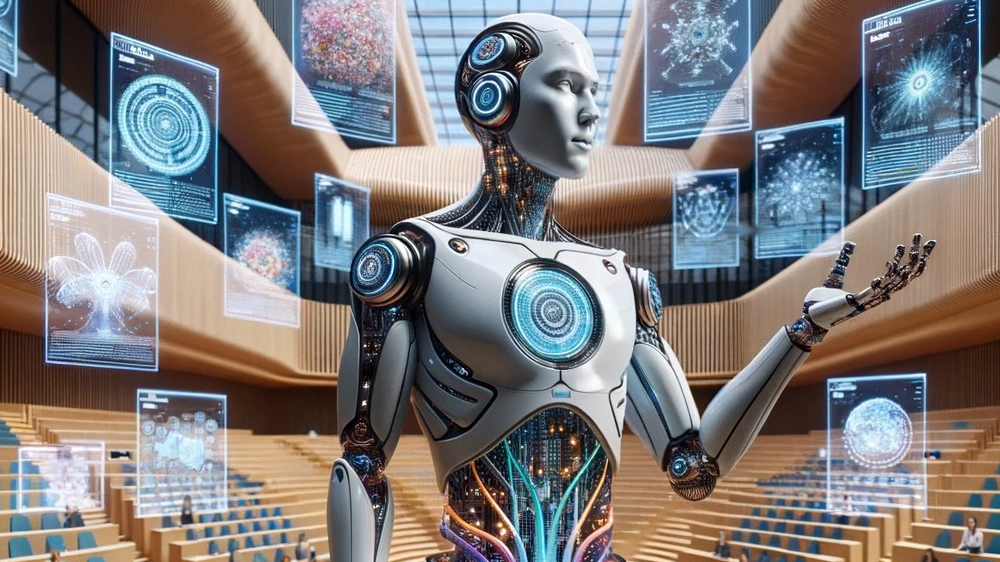 A photo-style depiction of a cyborg educator in a modern university lecture hall setting.