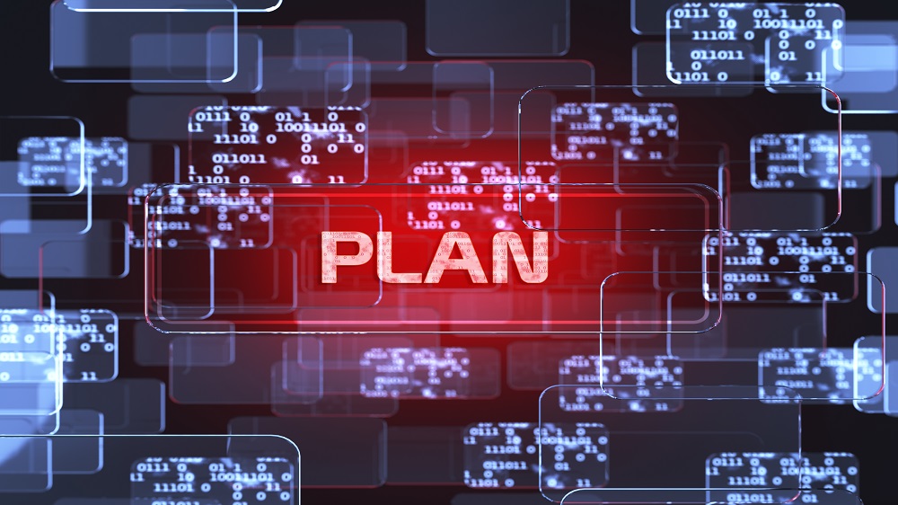 Et bilde som viser teksten "plan" med store, røde bokstaver, på sort bakgrunn.