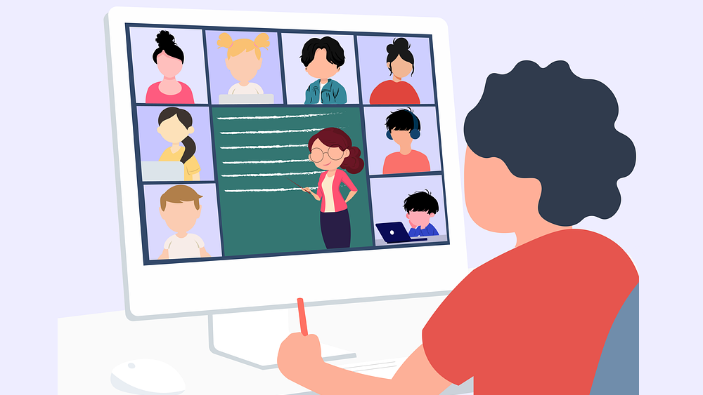 Icon of a student on a computer in an online classroom